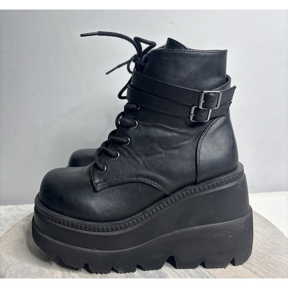 Demonia Black Platform Combat Boots Lace-Up Buckle Chunky Goth Grunge 8 - Picture 2 of 11